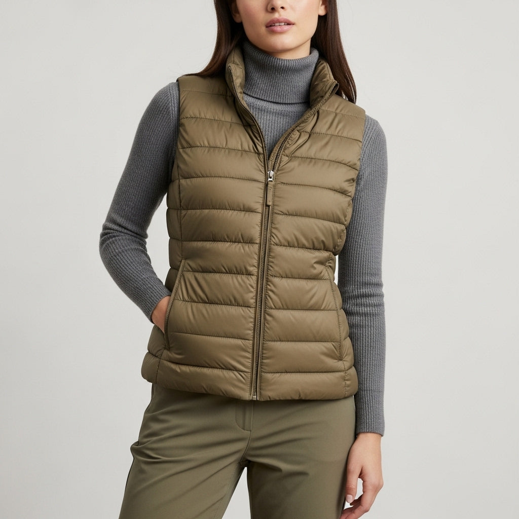 Women's quilted padded gilet with raised collar, zip front and pockets