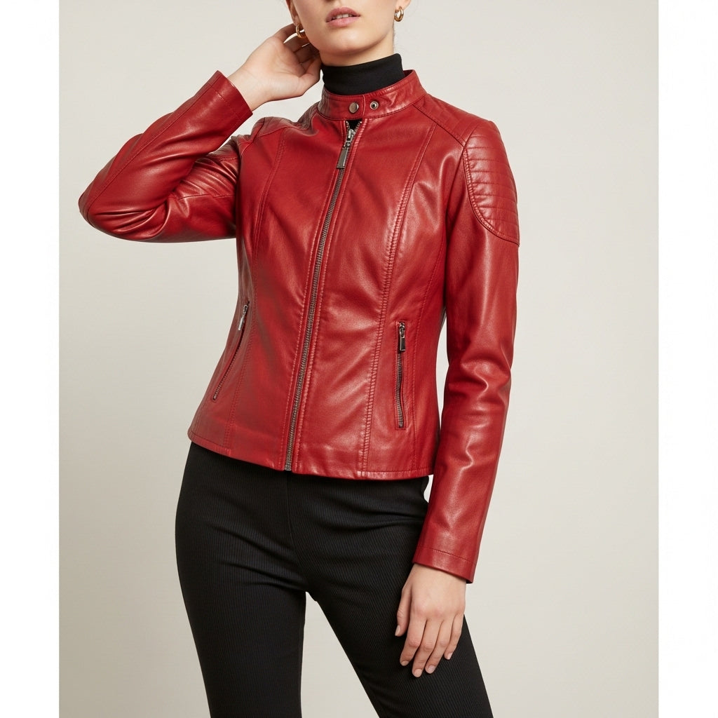 Women's fitted short jacket with stand collar, long sleeves and zipped pockets