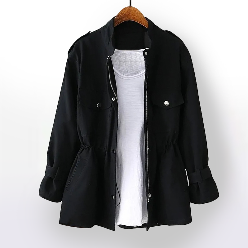 Women's rain coat with stand collar, long sleeves, gathered waist and flap pockets