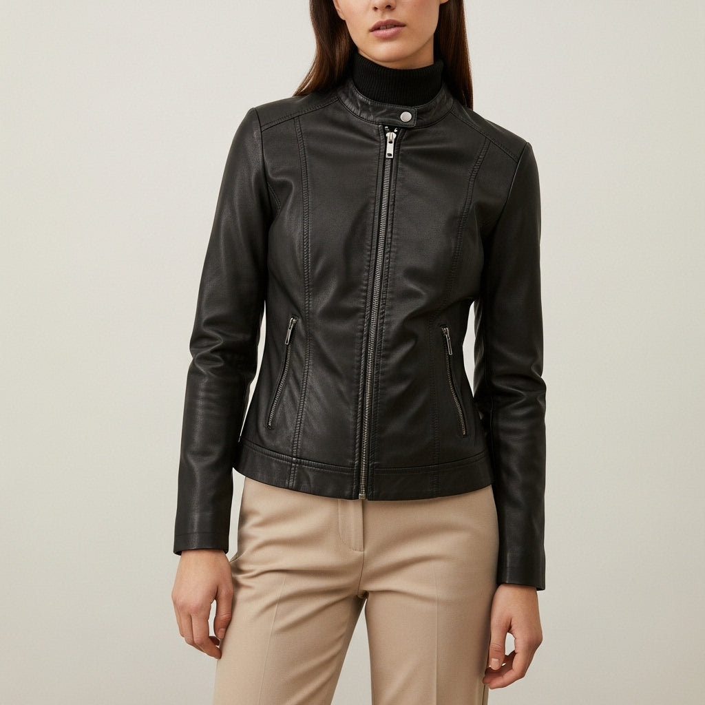 Women's fitted short jacket with stand collar, long sleeves and zipped pockets