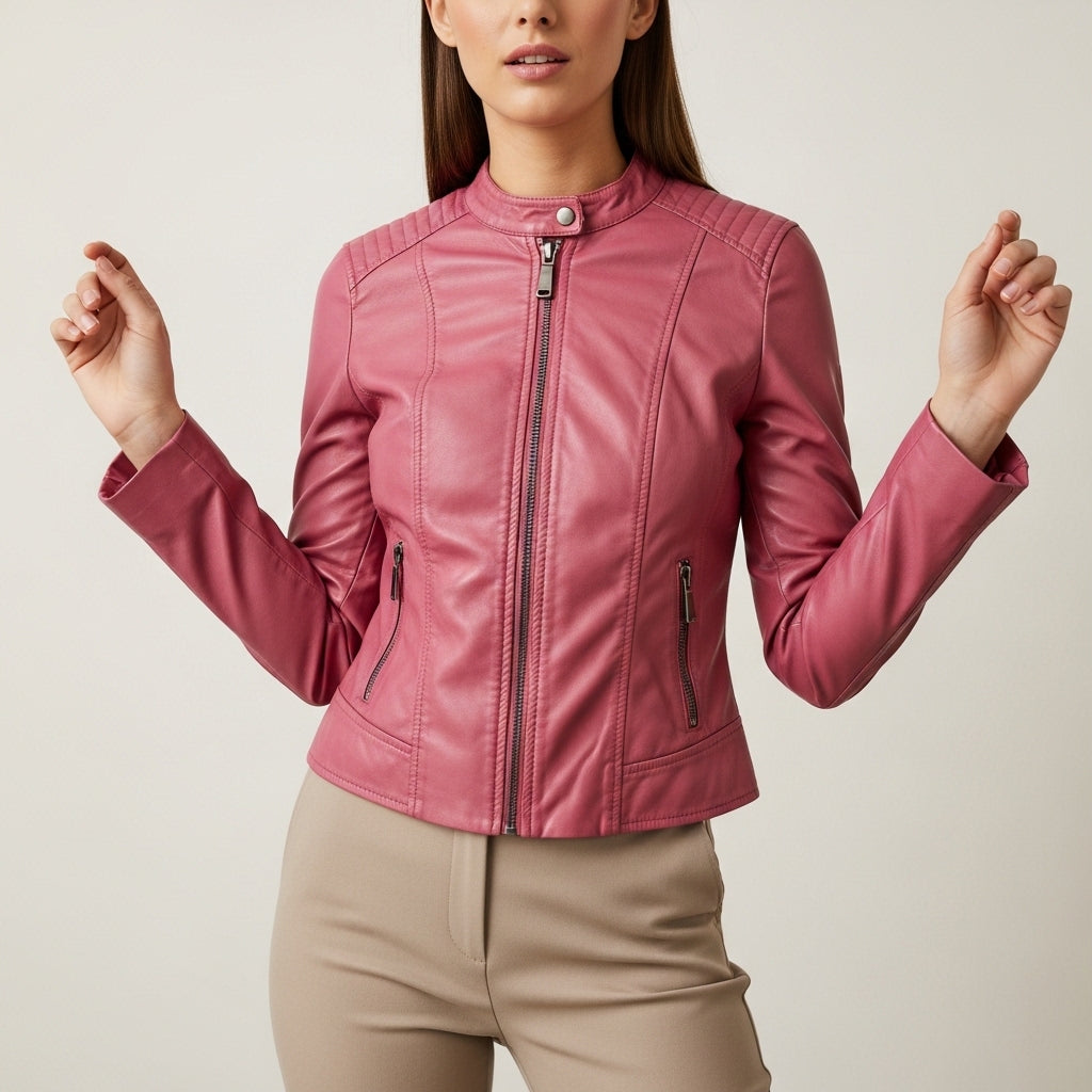 Women's fitted short jacket with stand collar, long sleeves and zipped pockets