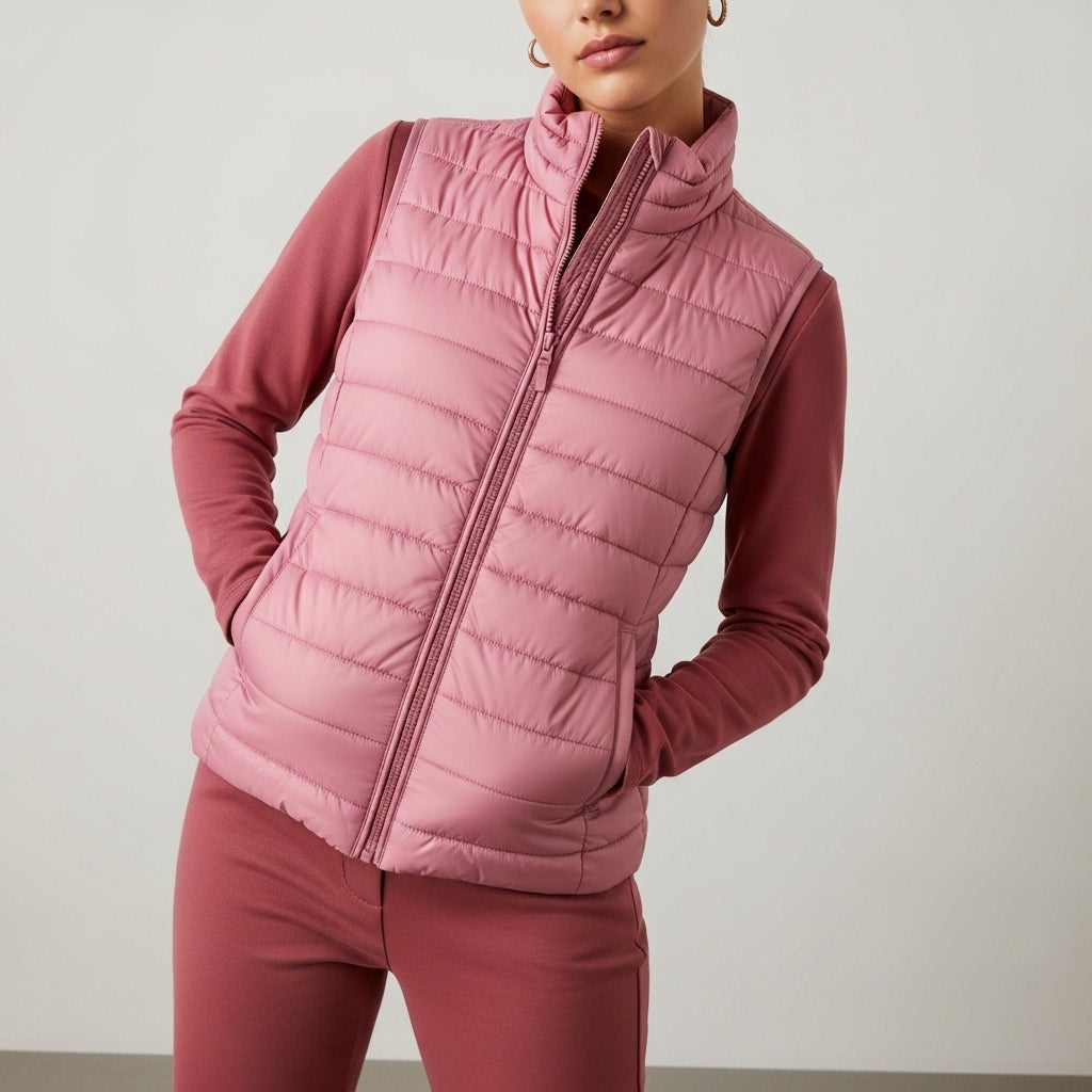 Women's quilted padded gilet with raised collar, zip front and pockets