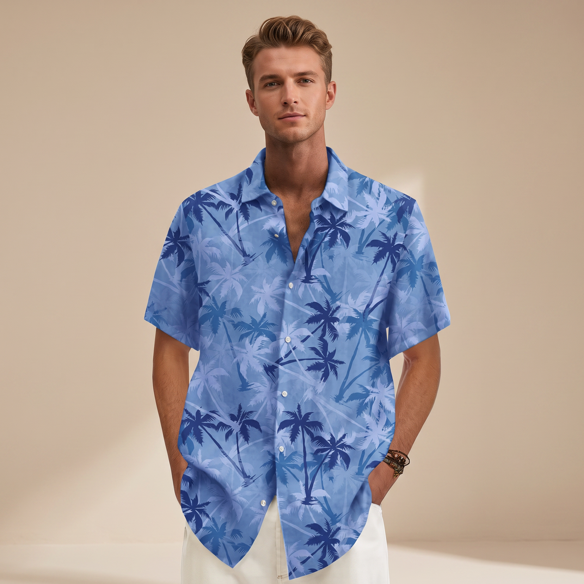 Men's short sleeve tropical palm print shirt with camp collar and button front