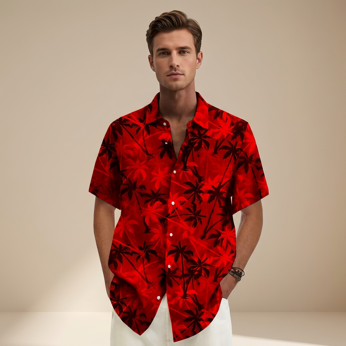 Men's short sleeve tropical palm print shirt with camp collar and button front