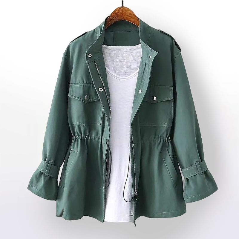 Women's rain coat with stand collar, long sleeves, gathered waist and flap pockets
