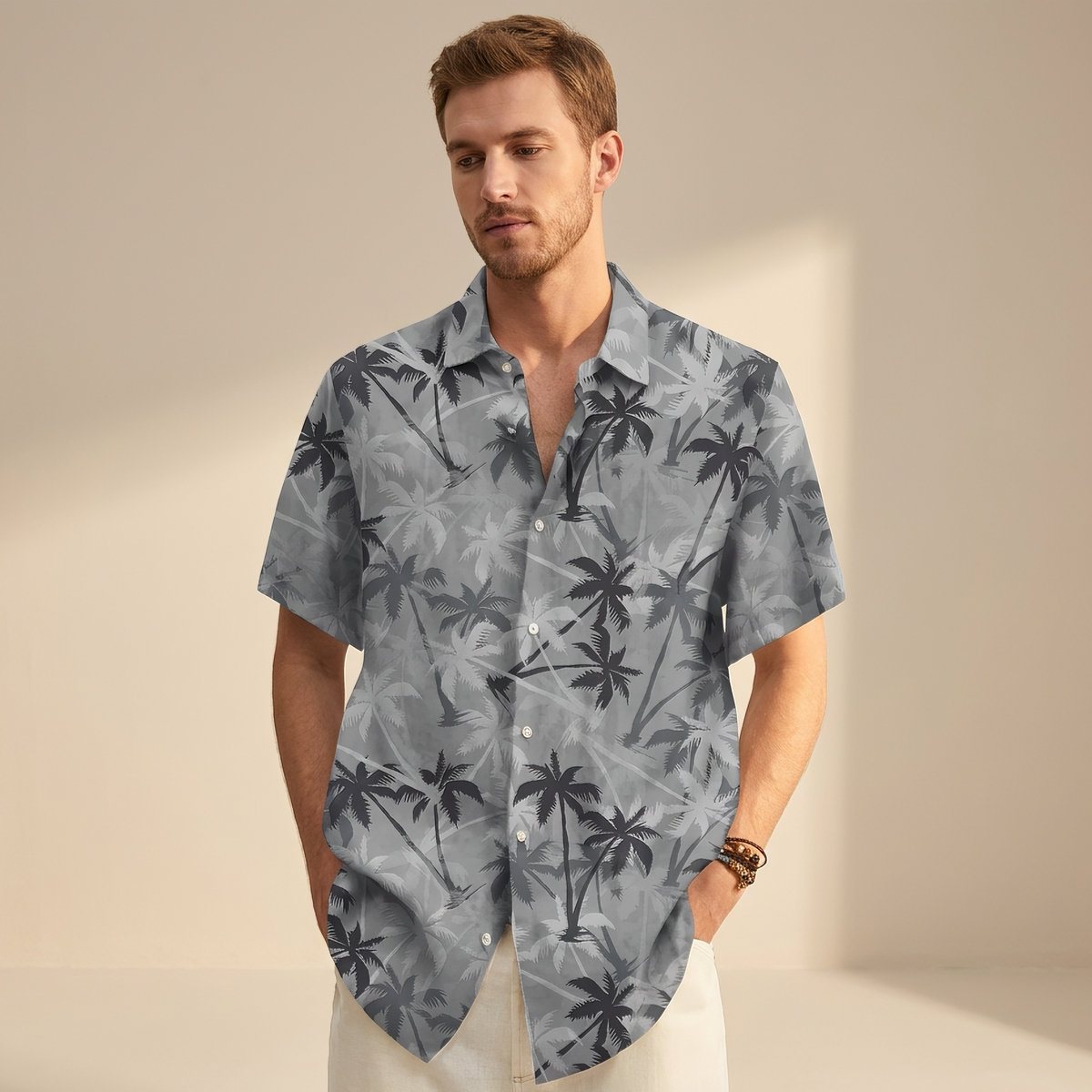 Men's short sleeve tropical palm print shirt with camp collar and button front