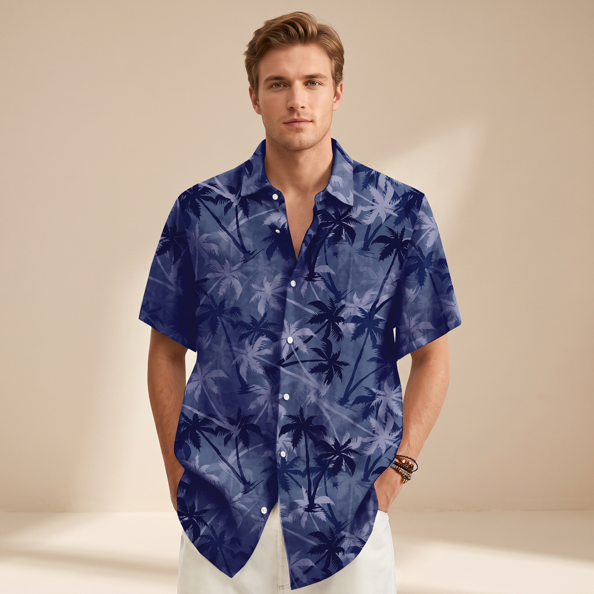 Men's short sleeve tropical palm print shirt with camp collar and button front