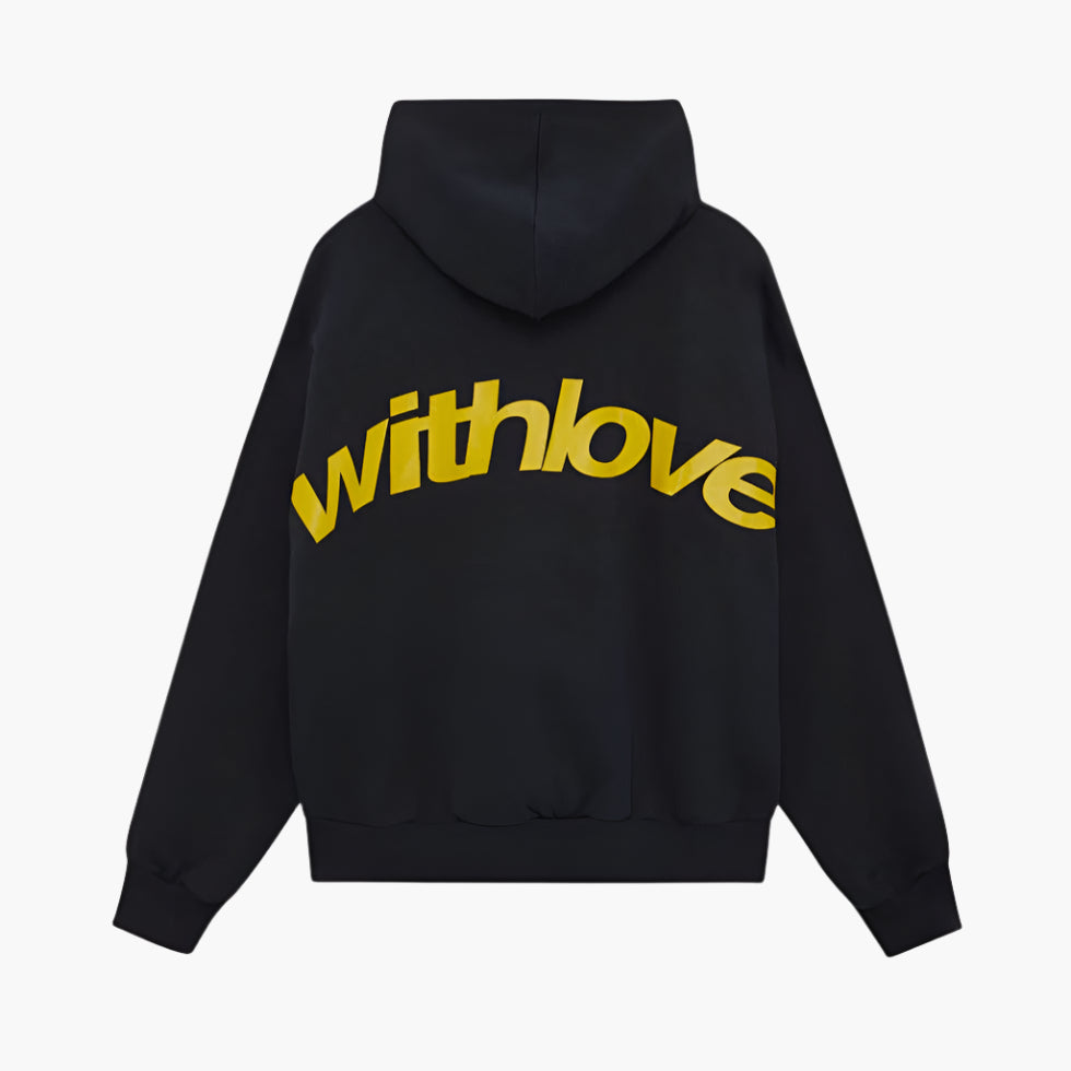 Unisex oversized hoodie with hood, long sleeves and large back text graphic