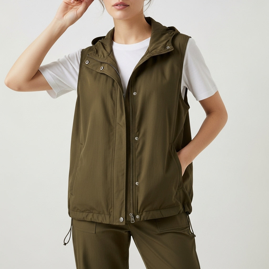Women's hooded sleeveless utility vest with zip fastening, front pockets and drawcord hem