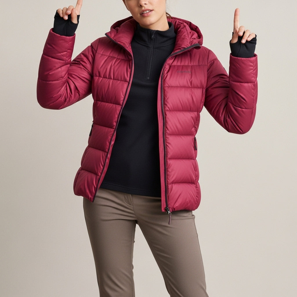 Women's quilted puffer jacket with high collar, long sleeves and zipped pockets