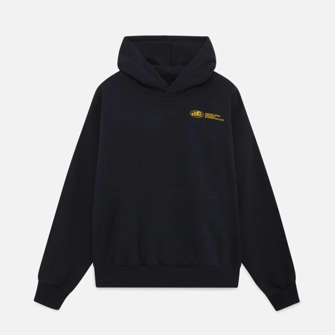 Unisex oversized hoodie with hood, long sleeves and large back text graphic