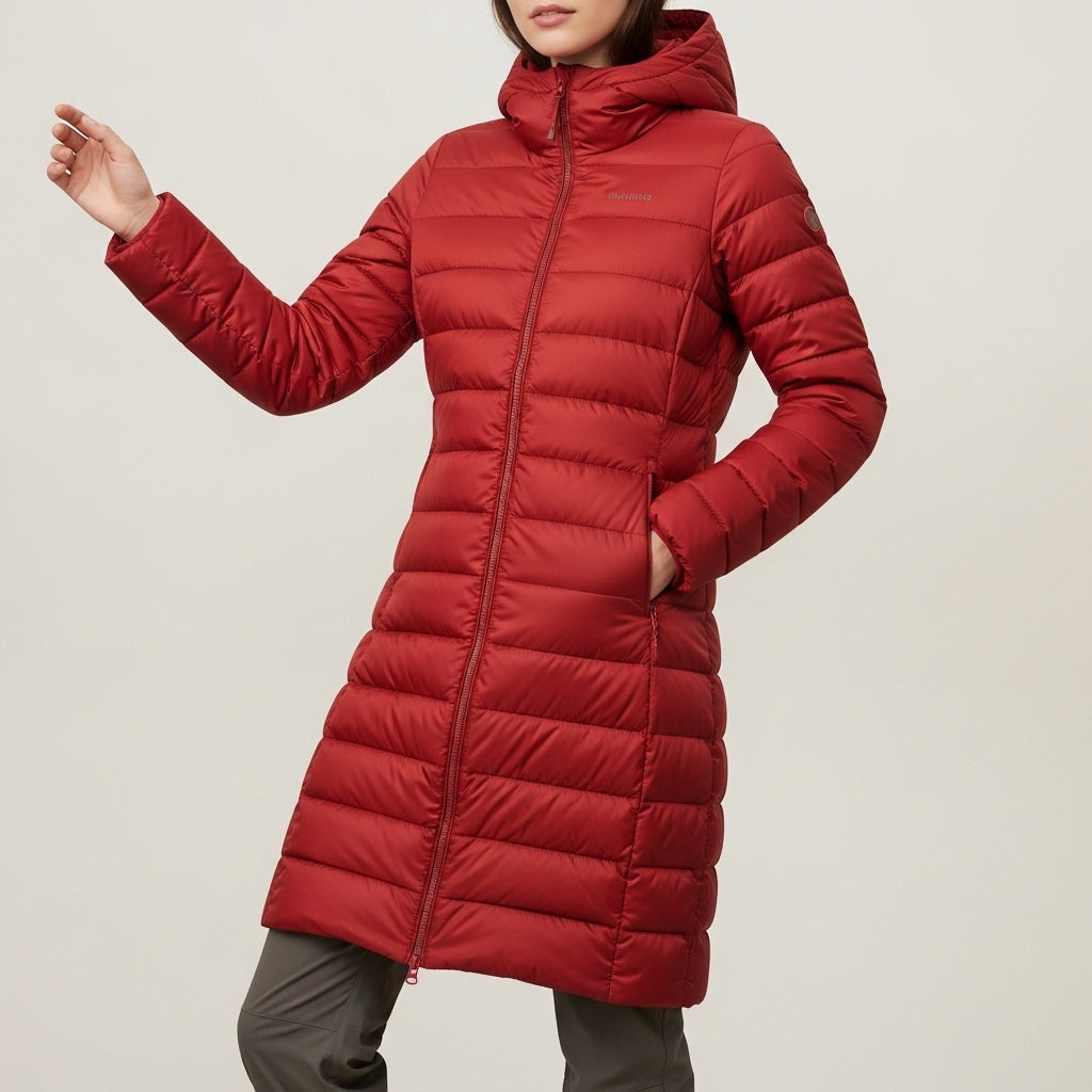 Women's quilted puffer jacket with high collar, long sleeves and zipped pockets
