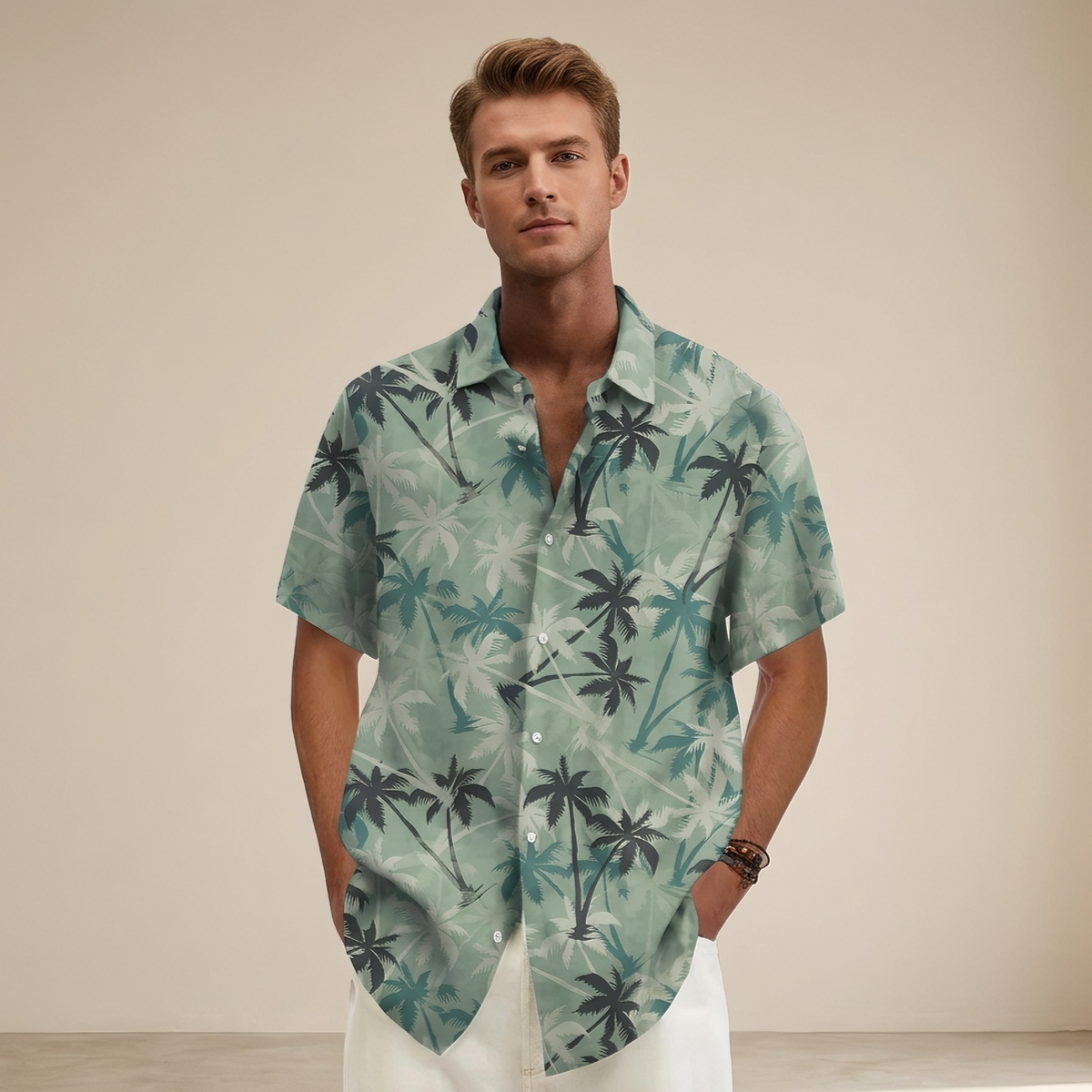 Men's short sleeve tropical palm print shirt with camp collar and button front