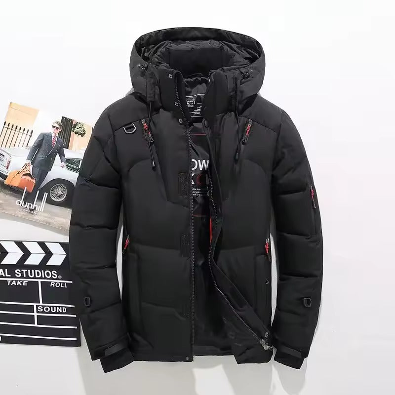 Men's padded hooded winter parka jacket with multiple zipped pockets