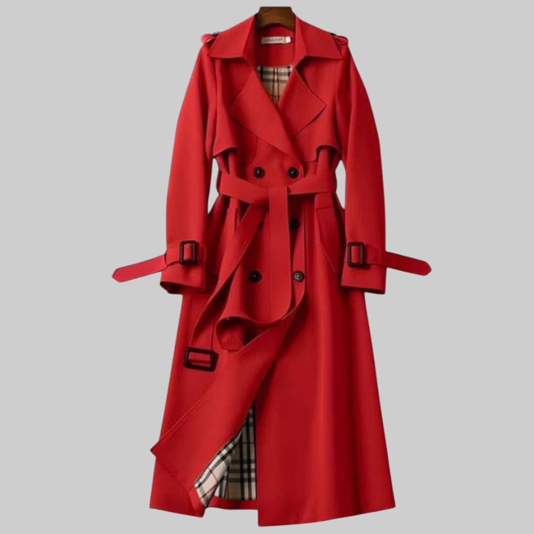 Women's double-breasted belted trench coat with buckle cuffs and checked lining