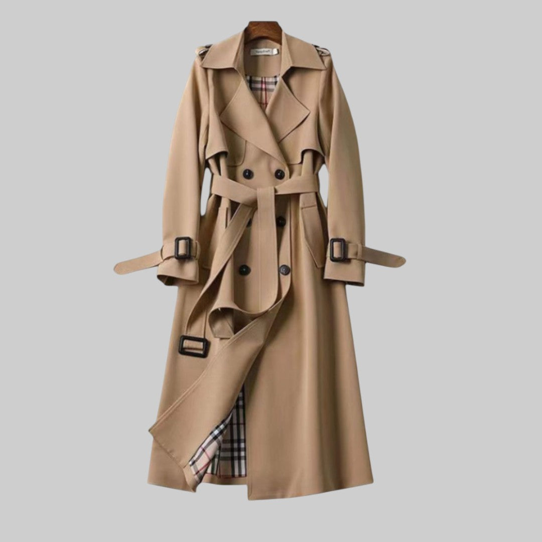 Women's double-breasted belted trench coat with buckle cuffs and checked lining