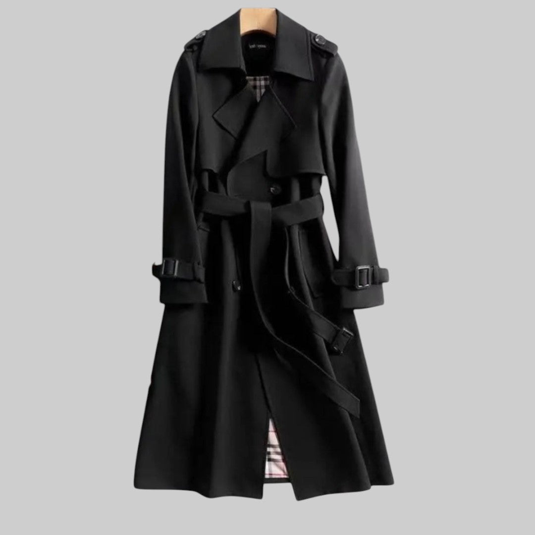 Women's double-breasted belted trench coat with buckle cuffs and checked lining