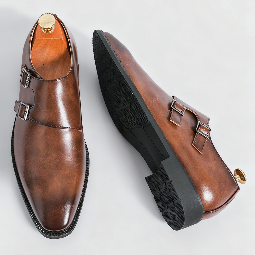 Men's polished double monk strap loafers with twin buckles
