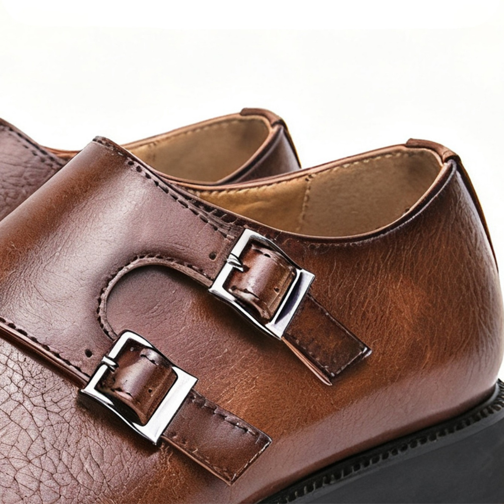 Men's polished double monk strap loafers with twin buckles