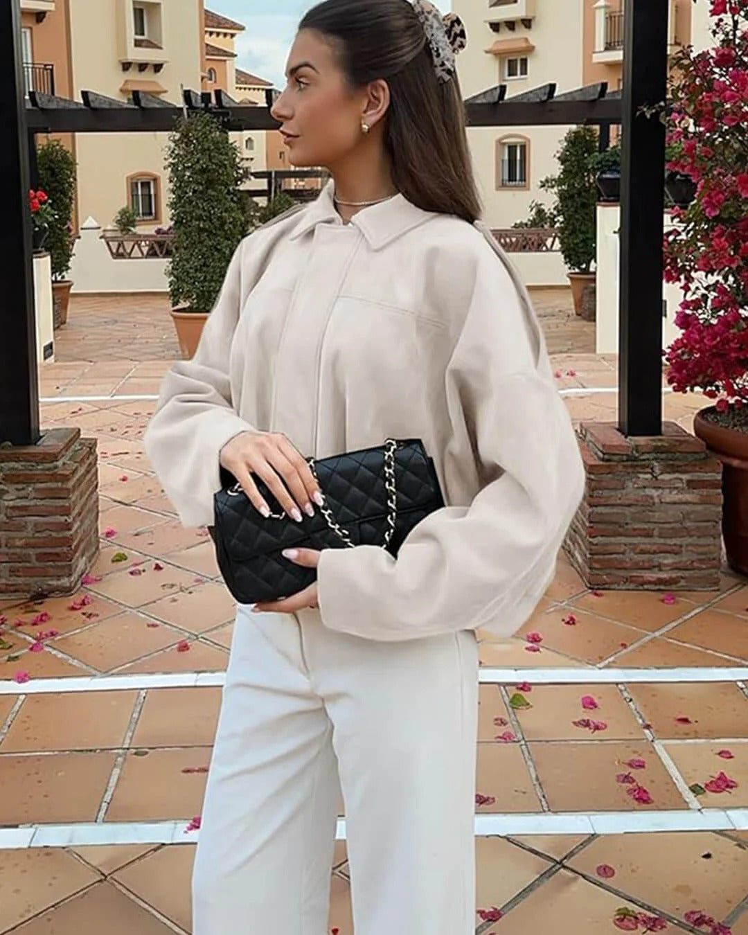 Women's Suede Jacket Oversized Spread Collar Zip - White