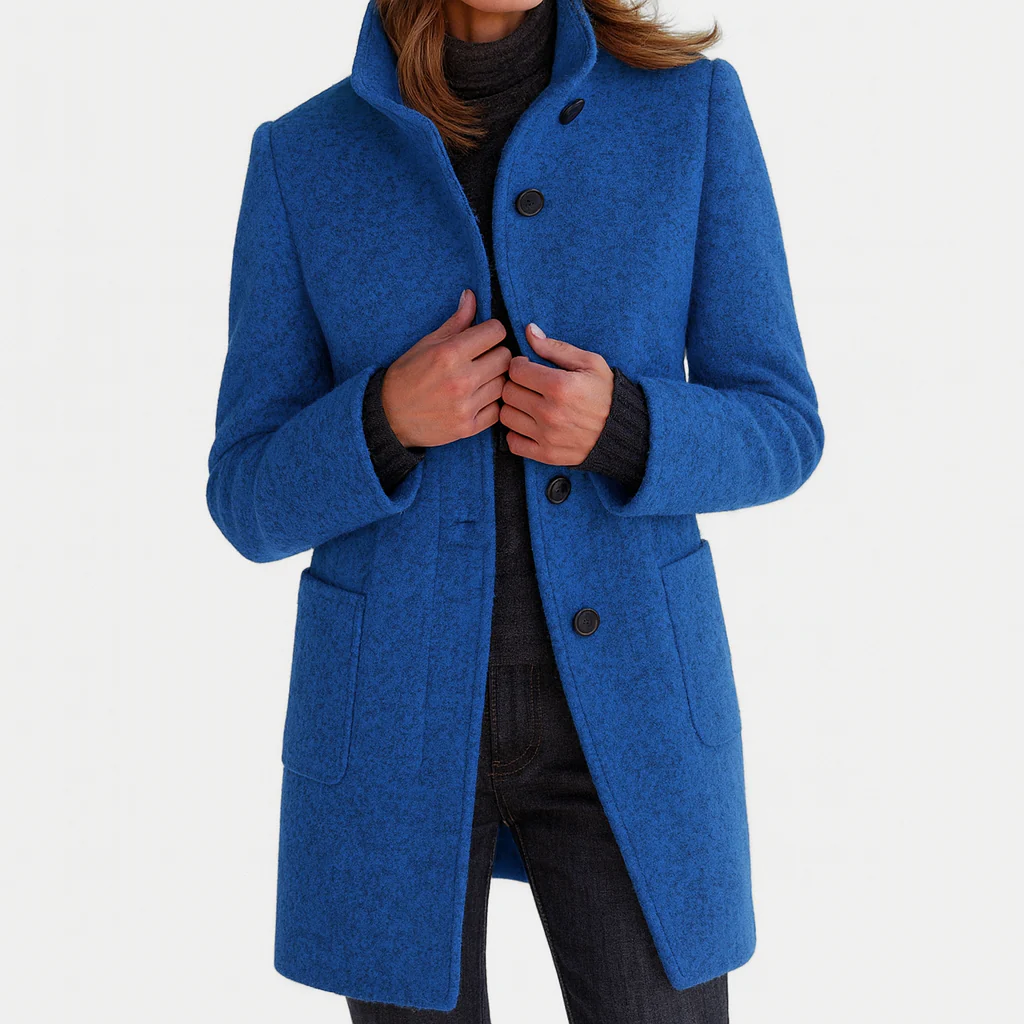 Women's structured button front coat with stand collar and patch pockets