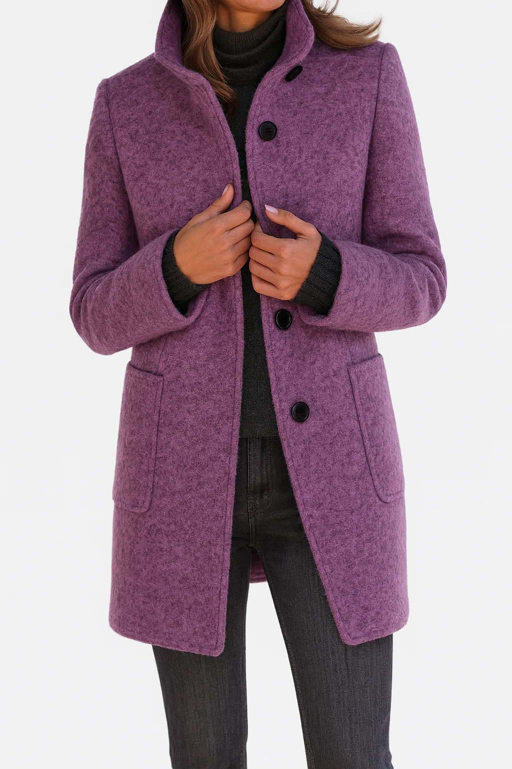 Women's longline coat with stand collar, button front and patch pockets