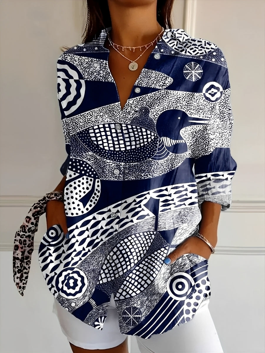Women's long-sleeved printed button front shirt with collared neckline