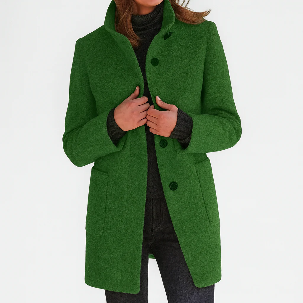 Women's longline coat with stand collar, button front and patch pockets