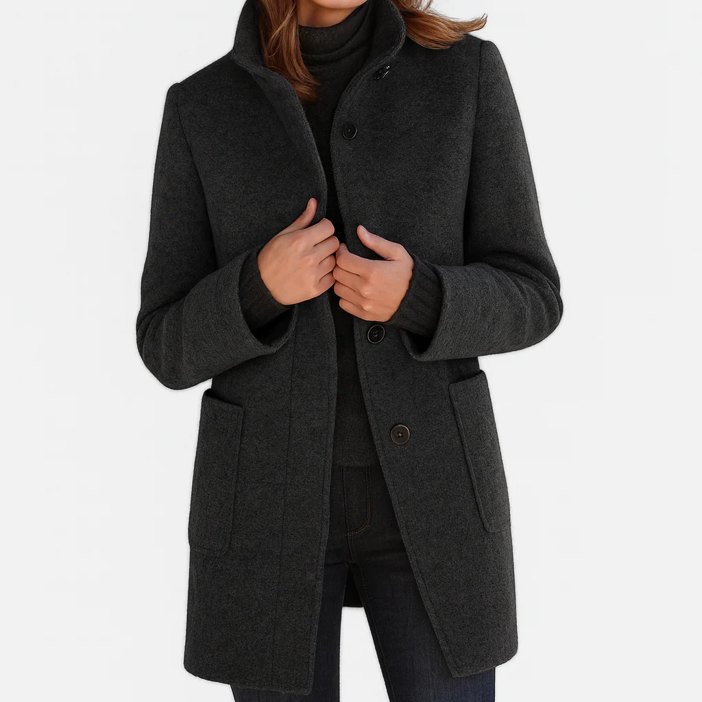 Women's structured button front coat with stand collar and patch pockets