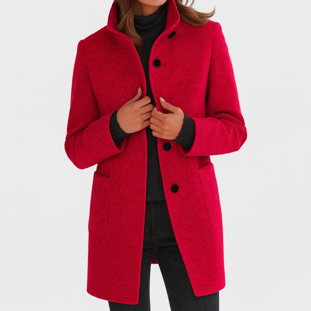 Women's structured button front coat with stand collar and patch pockets