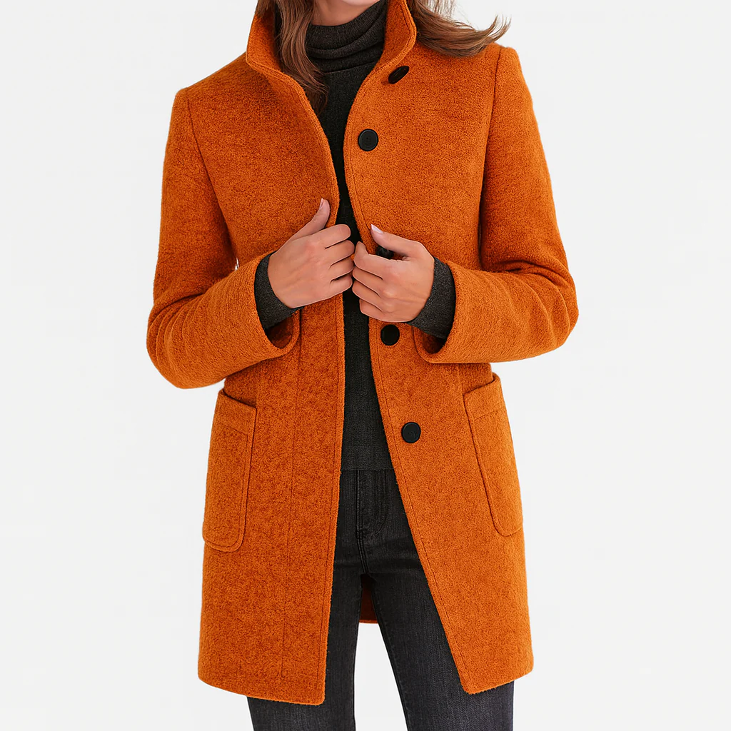 Women's structured button front coat with stand collar and patch pockets