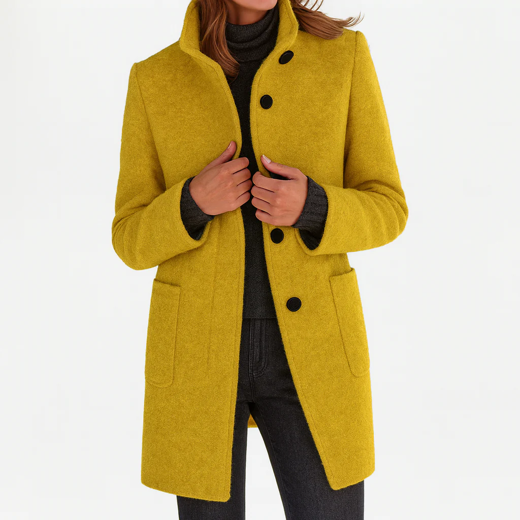 Women's structured button front coat with stand collar and patch pockets