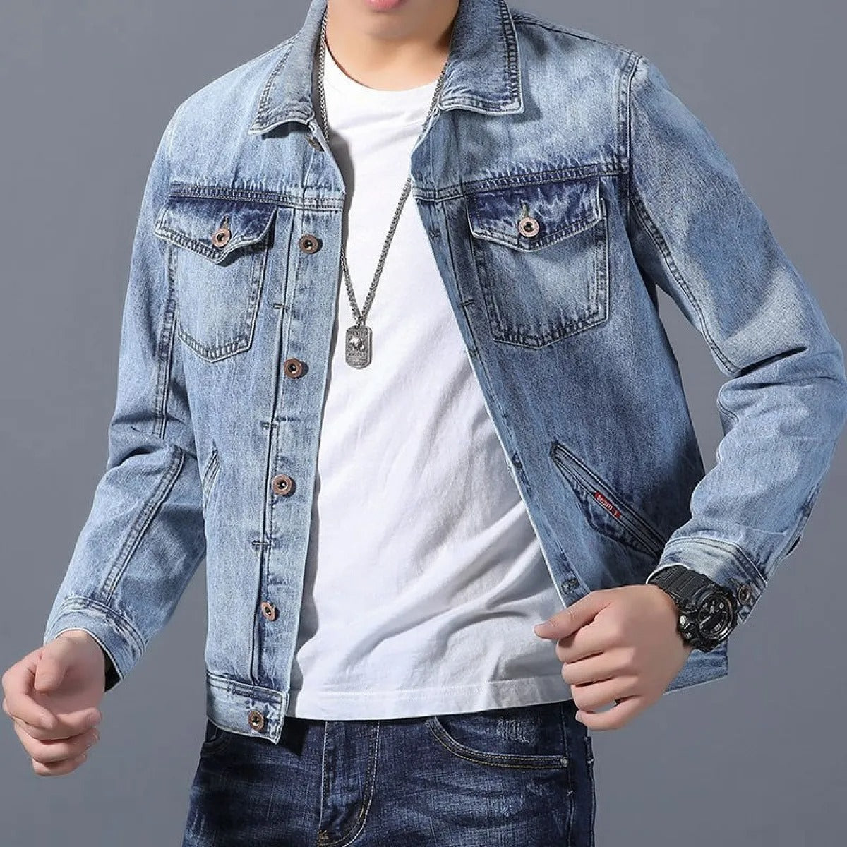 Men's Denim Jacket Classic Button-Front Chest Pockets - Blue