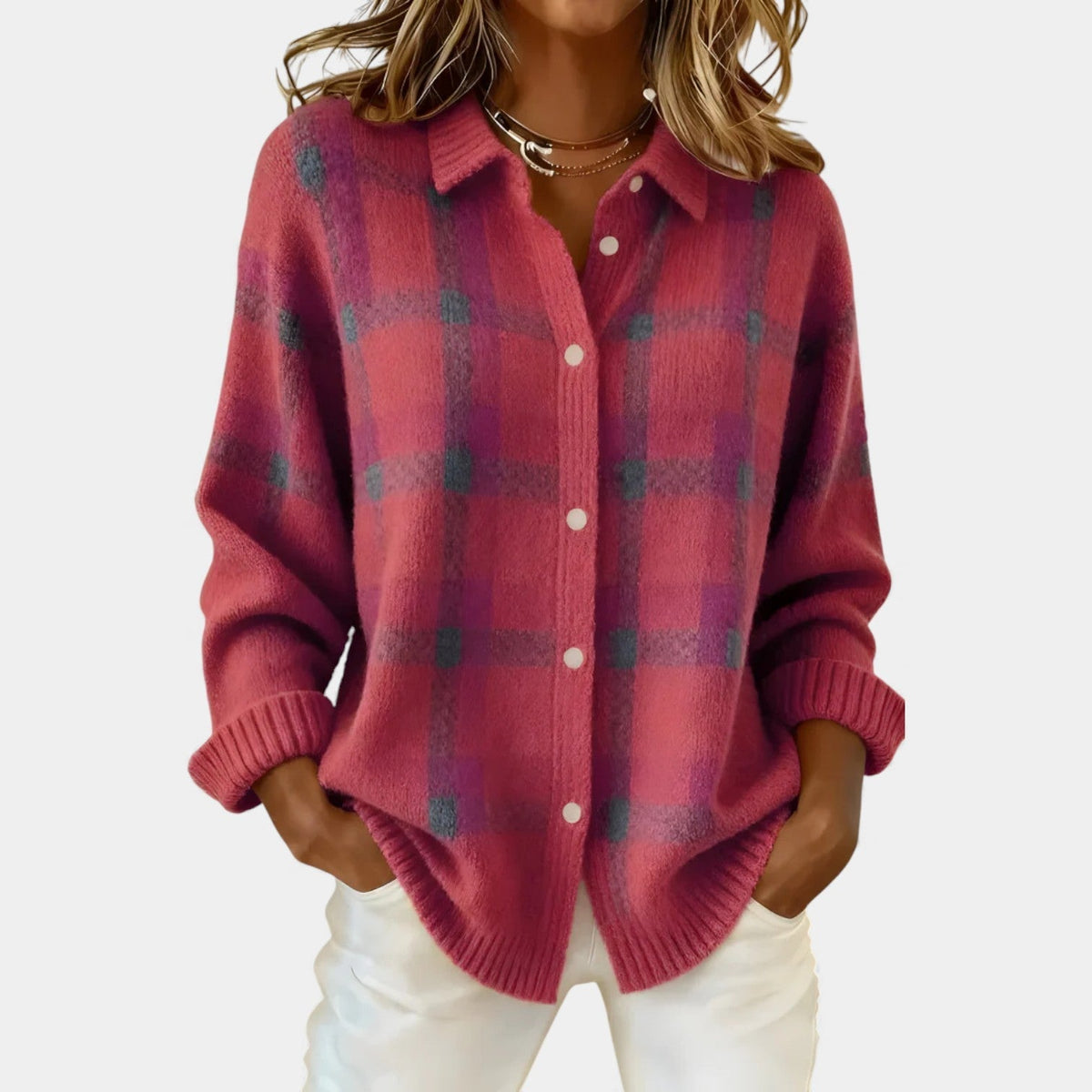 Women's checked button front cardigan with collar and long sleeves