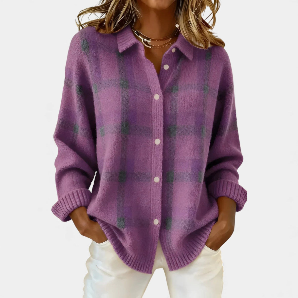 Women's checked button front cardigan with collar and long sleeves