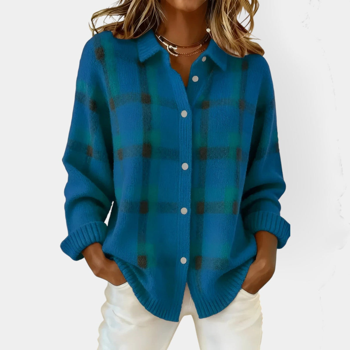 Women's checked button front cardigan with collar and long sleeves