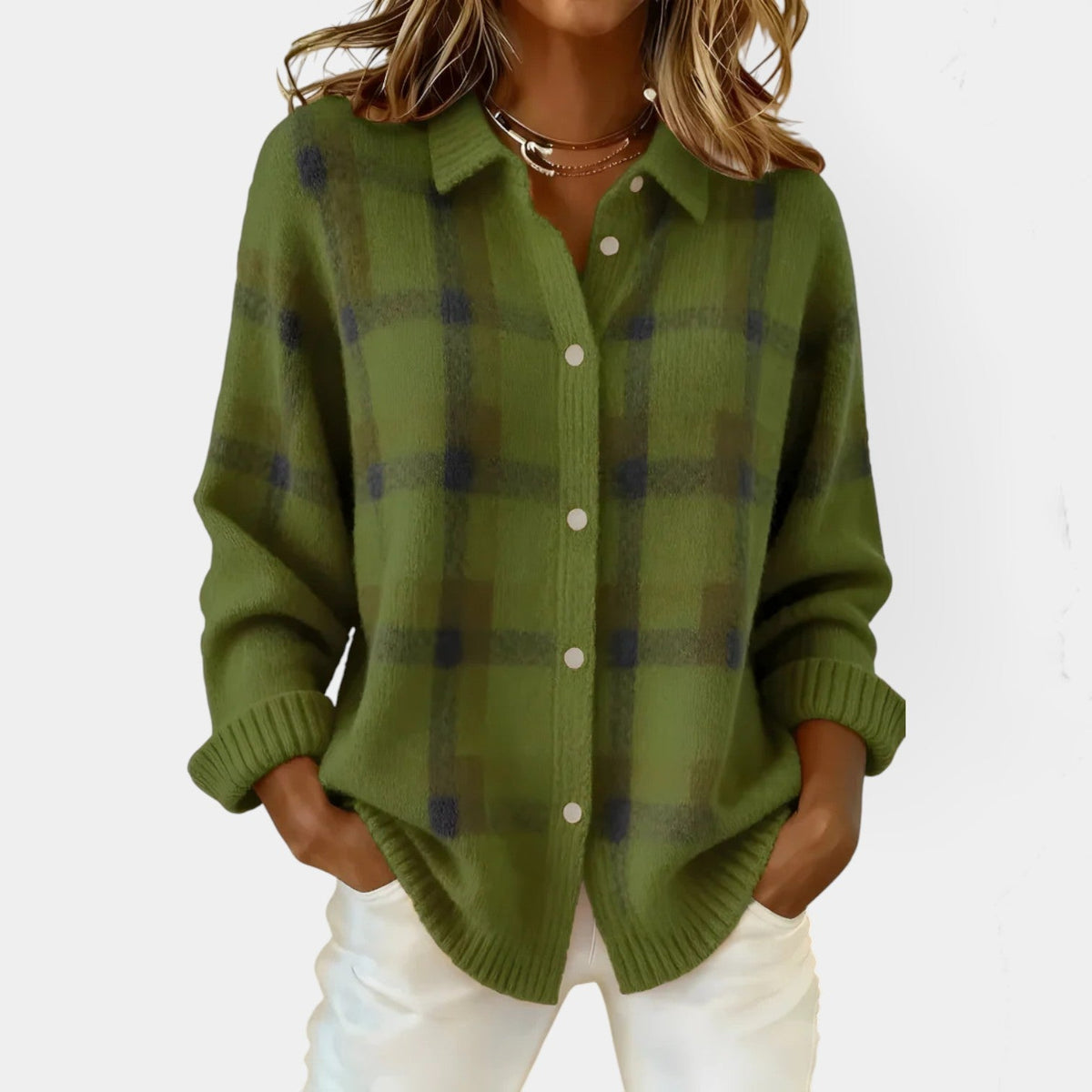 Women's checked button front cardigan with collar and long sleeves
