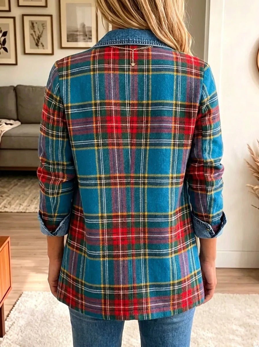 Women's blue tartan plaid blazer with denim lapels and long sleeves