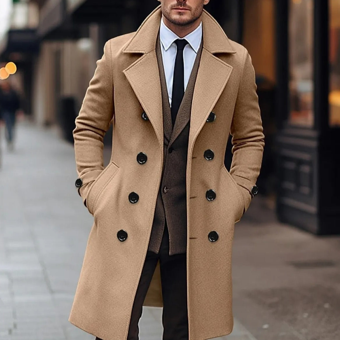 Men's Trench Coat Wool Double-Breasted Longline - Khaki