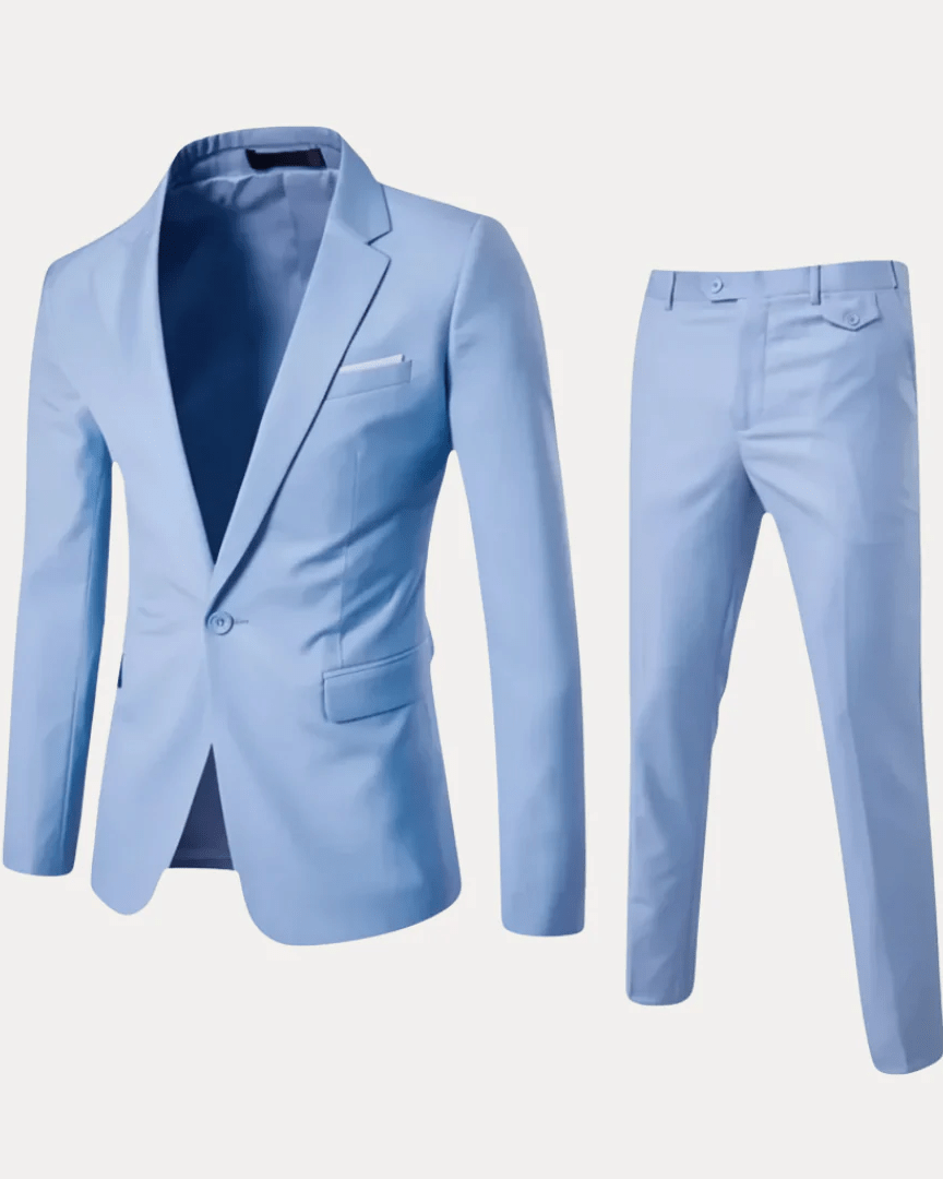 Men's two-piece suit with notched lapel blazer and matching trousers