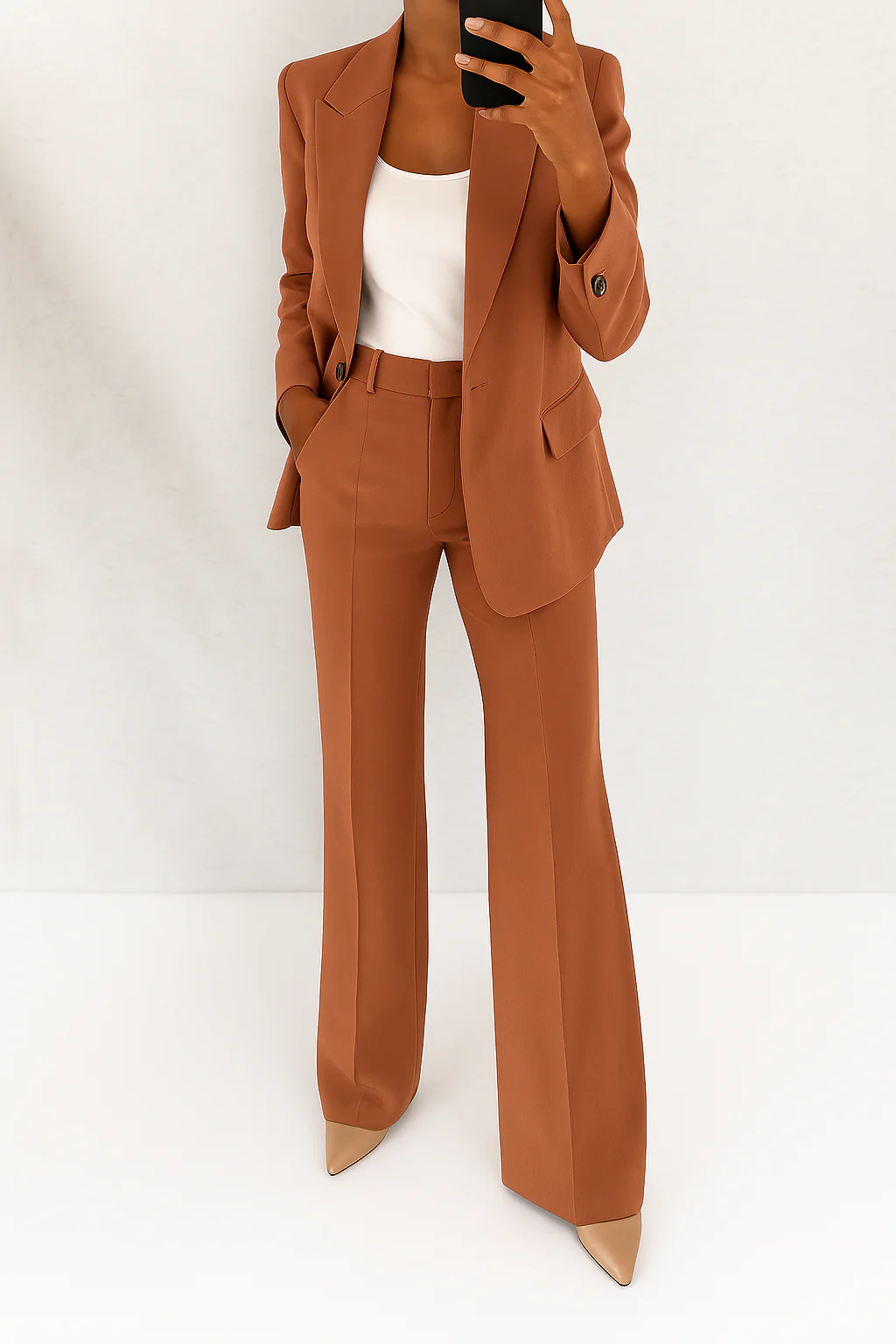 Women's two-piece suit with notched blazer and wide-leg trousers