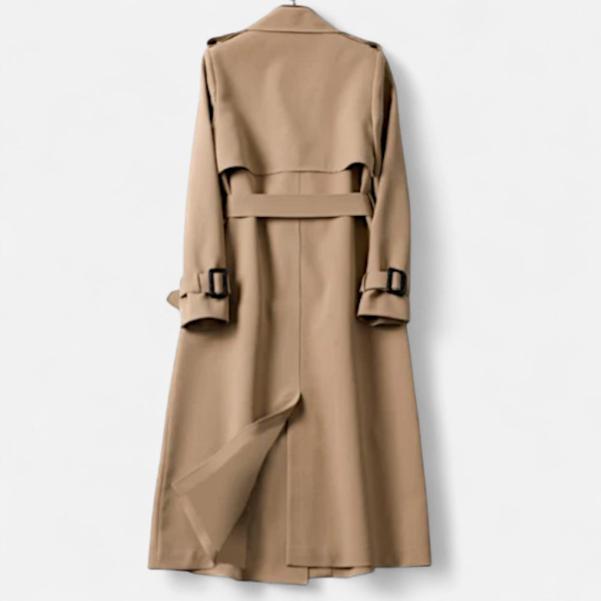 Women's long belted trench coat with wide lapels and adjustable cuff straps