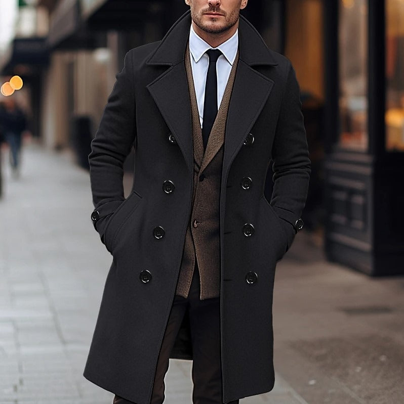 Men's Trench Coat Wool Double-Breasted Longline - Black