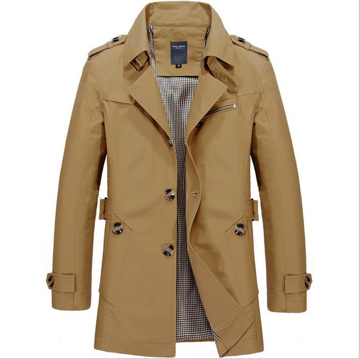 Men's Trench Coat Single-Breasted Epaulette Detail - Khaki