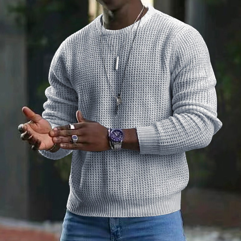 Men's long-sleeve textured crew neck jumper with ribbed trims
