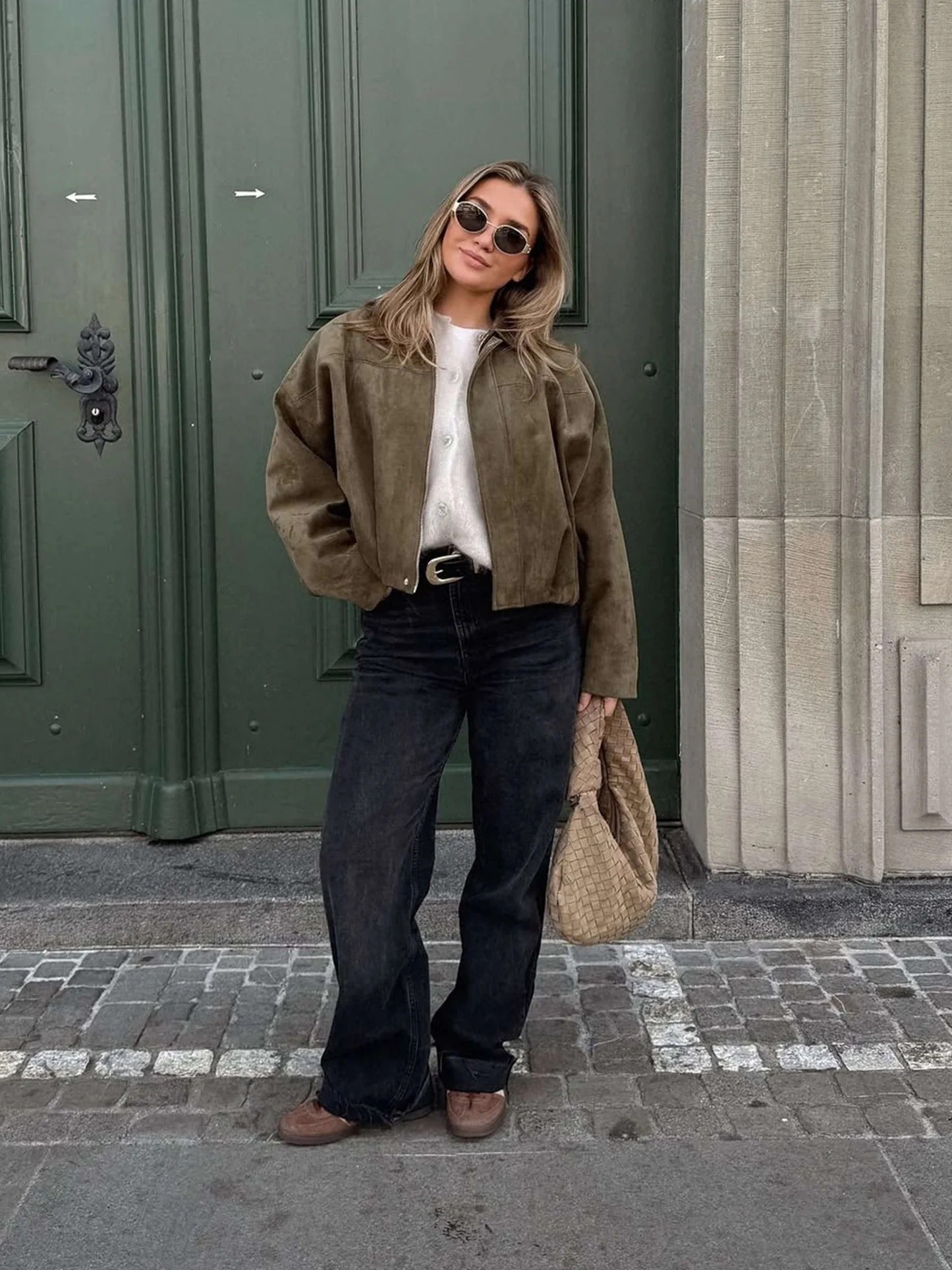 Women's Suede Jacket Oversized Spread Collar Zip - White