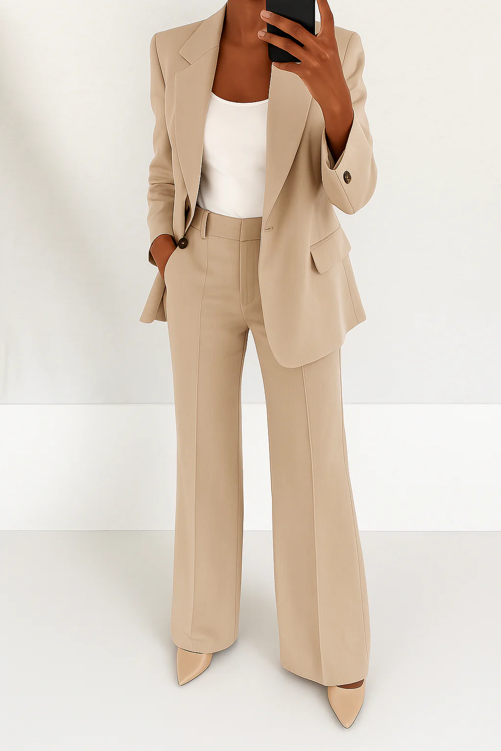 Women's two-piece suit with notched blazer and wide-leg trousers