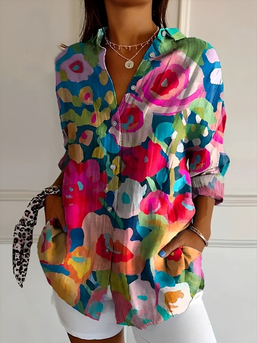 Women's long-sleeved printed button front shirt with collared neckline