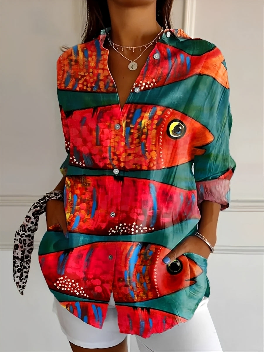 Women's long-sleeved printed button front shirt with collared neckline