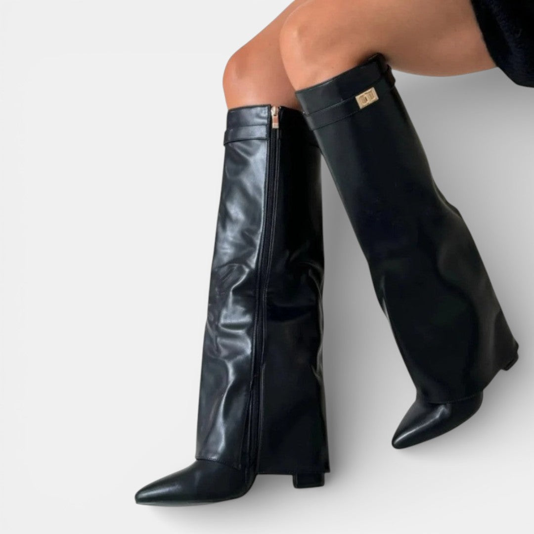 Women's knee-high pointed-toe boots with block heels and side zips